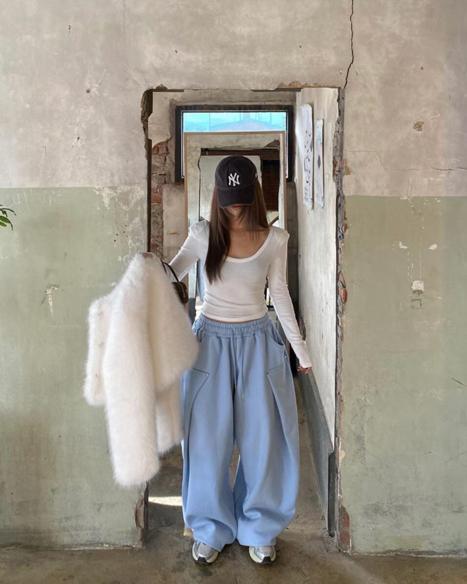 #AD30打摺超寬棉褲(黑/咖/水藍/白/灰)