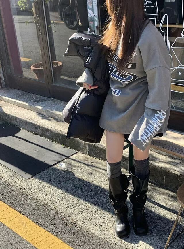 #AD33水洗字母假兩件衛衣(墨/灰)