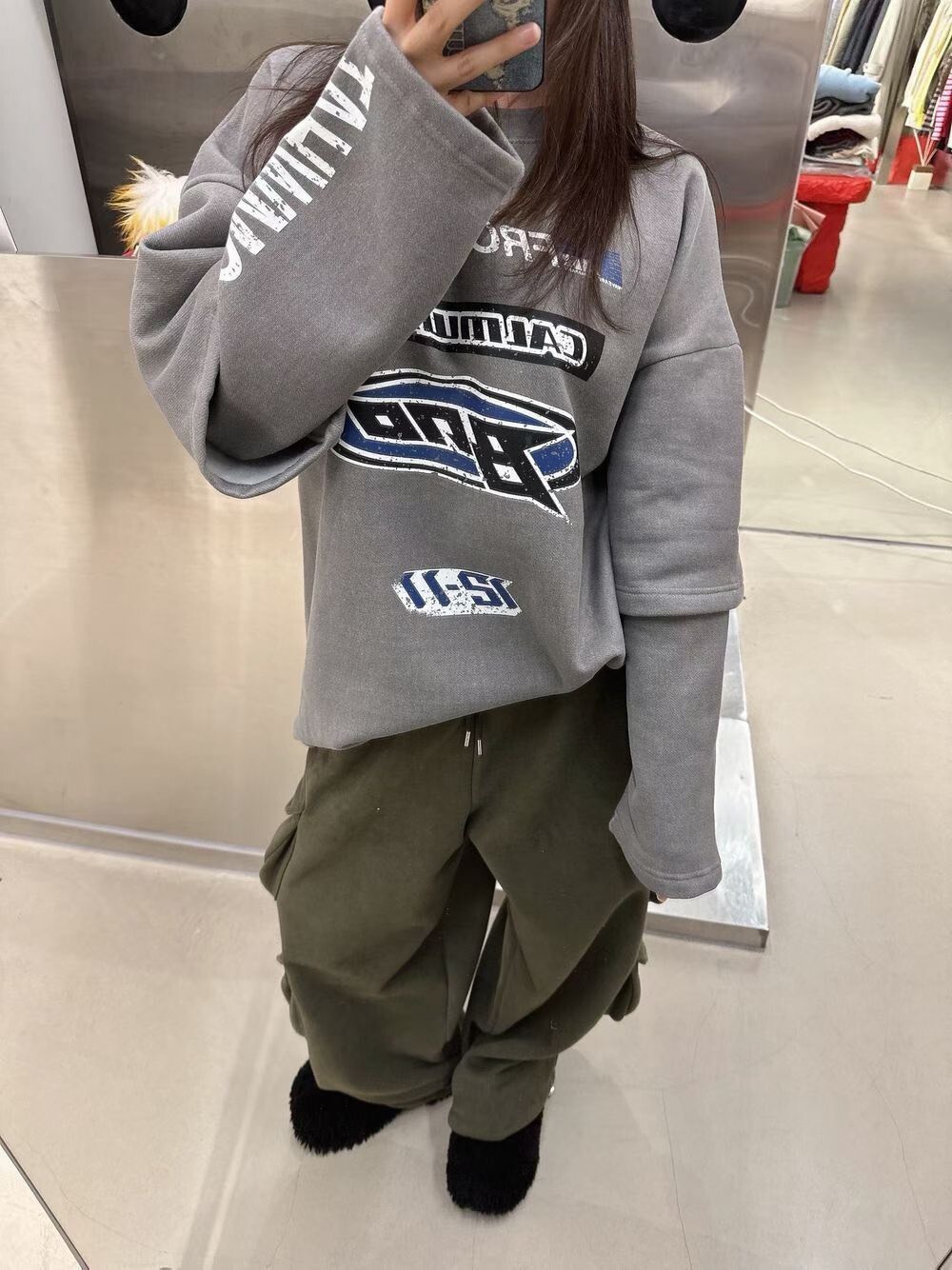 #AD33水洗字母假兩件衛衣(墨/灰)