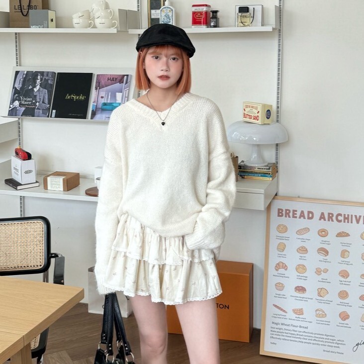 大人味雪糕ᯤ 素面V領羅紋毛衣