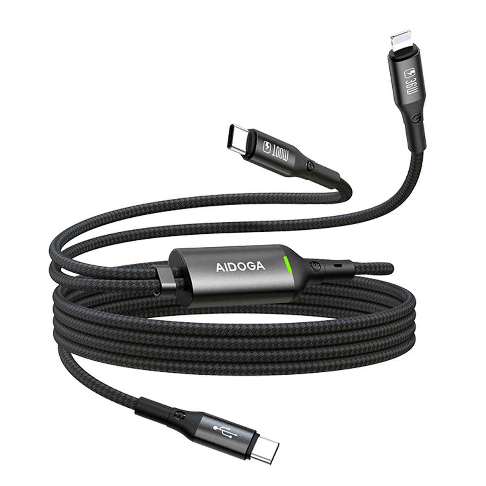 AIDOGA 艾迪伽 100W快充 一分二 Type-C+Lightning PD充電線傳輸線 QC4.0 LED 爵士 1.5M 新舊iPhone17/安卓一起充