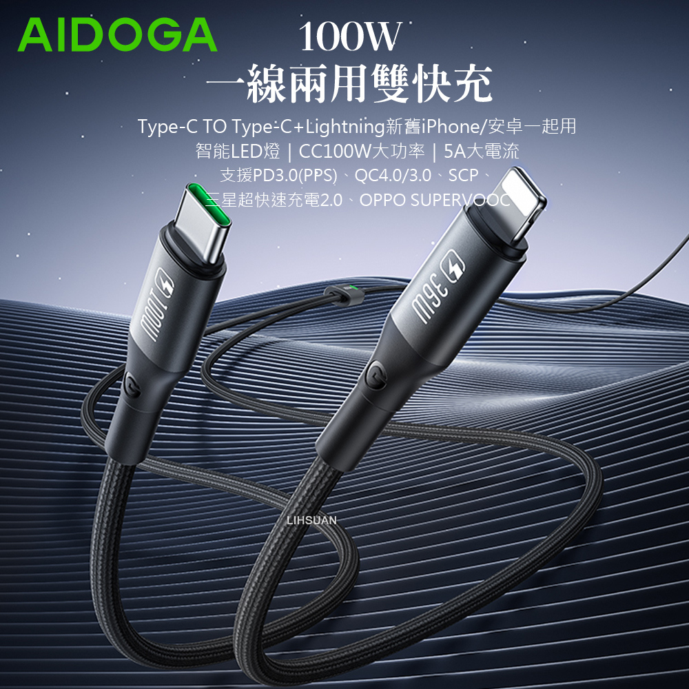 AIDOGA 艾迪伽 100W快充 一分二 Type-C+Lightning PD充電線傳輸線 QC4.0 LED 爵士 1.5M 新舊iPhone17/安卓一起充