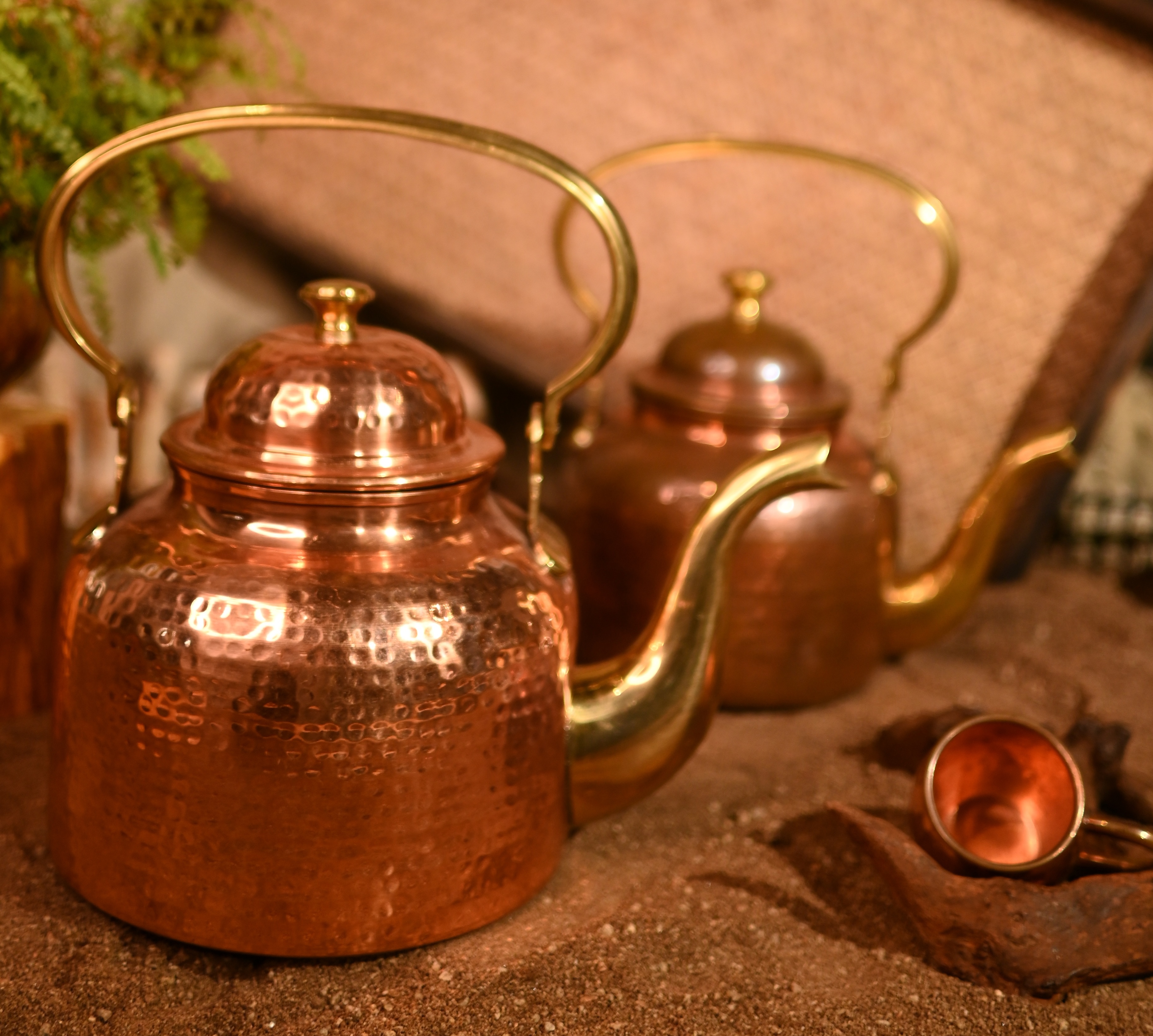 印度製手工銅水煲連金銅手柄(錘紋)