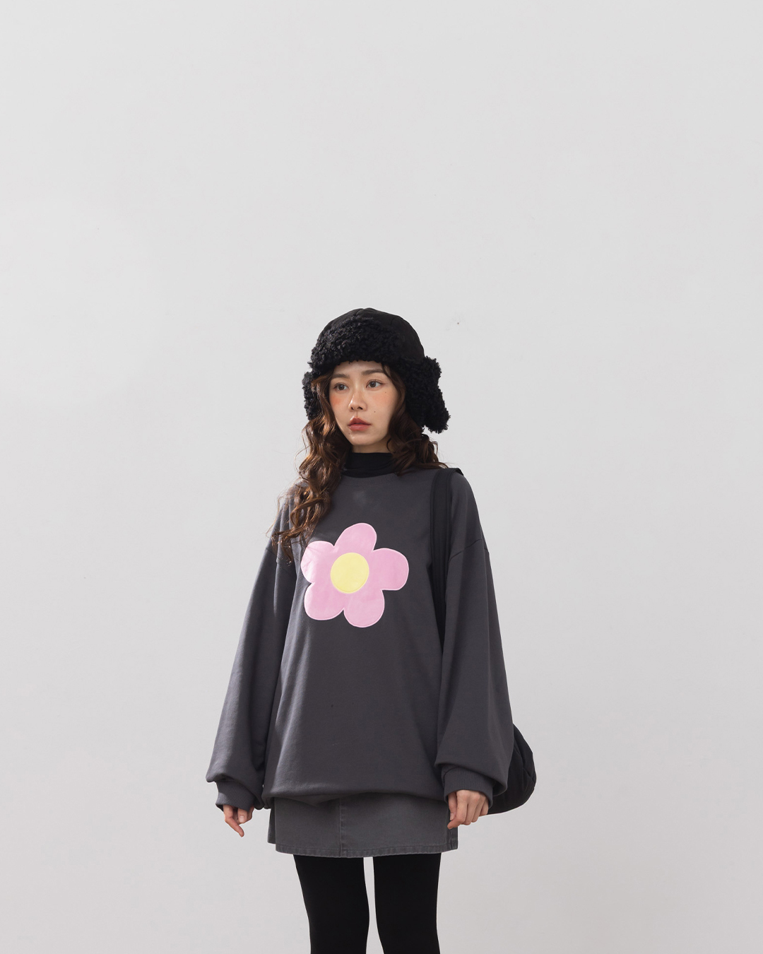 3D brushed floral long-sleeved sweatshirt - dark gray【01099427】in stock+pre-order