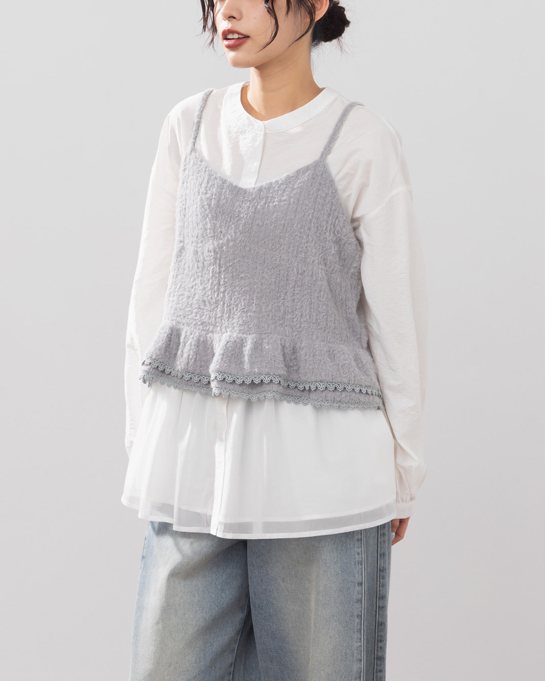 Lace hem plush design thin-shouldered cover-up vest - gray【01099420】in stock+pre-order