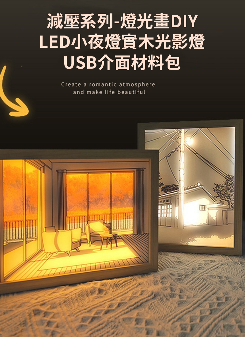 減壓系列-燈光畫DIYLED小夜燈實木光影燈USB介面材料包 TY0688