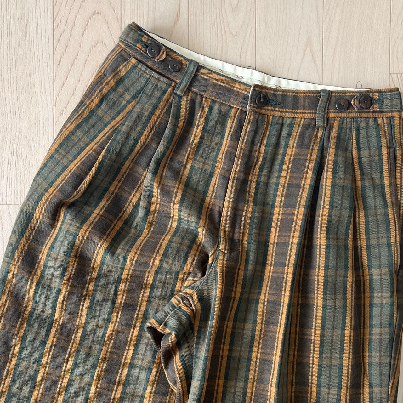 日本製墨綠色綿質格紋長褲