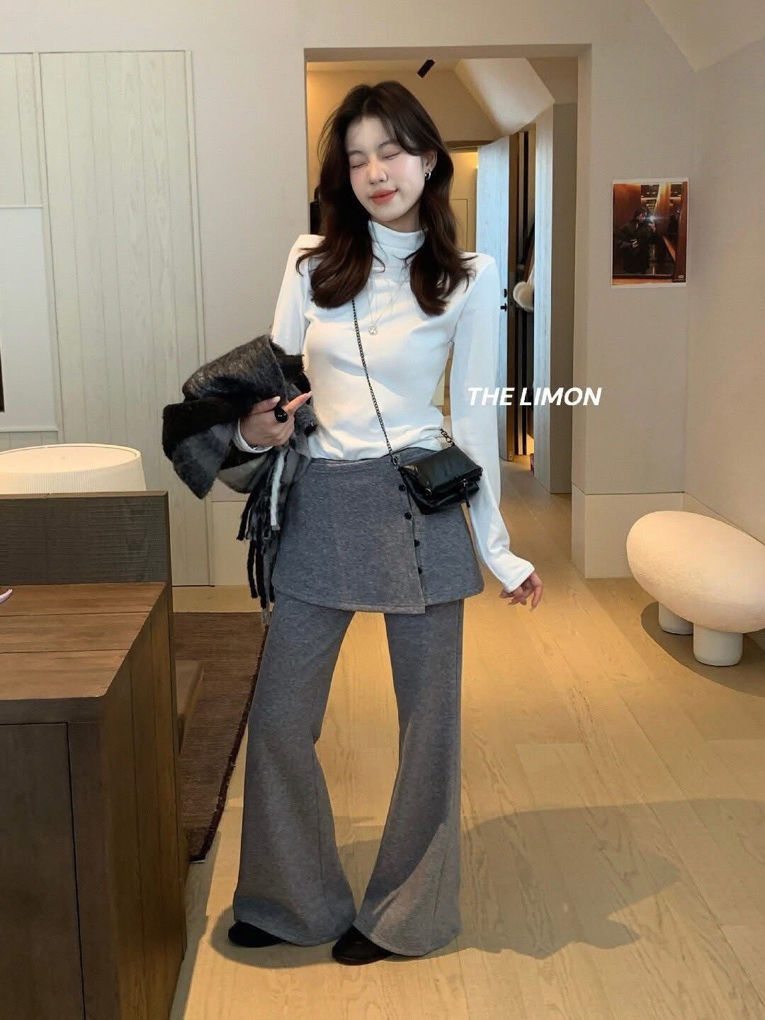 韓--252967 設計款真兩件側扣裙褲