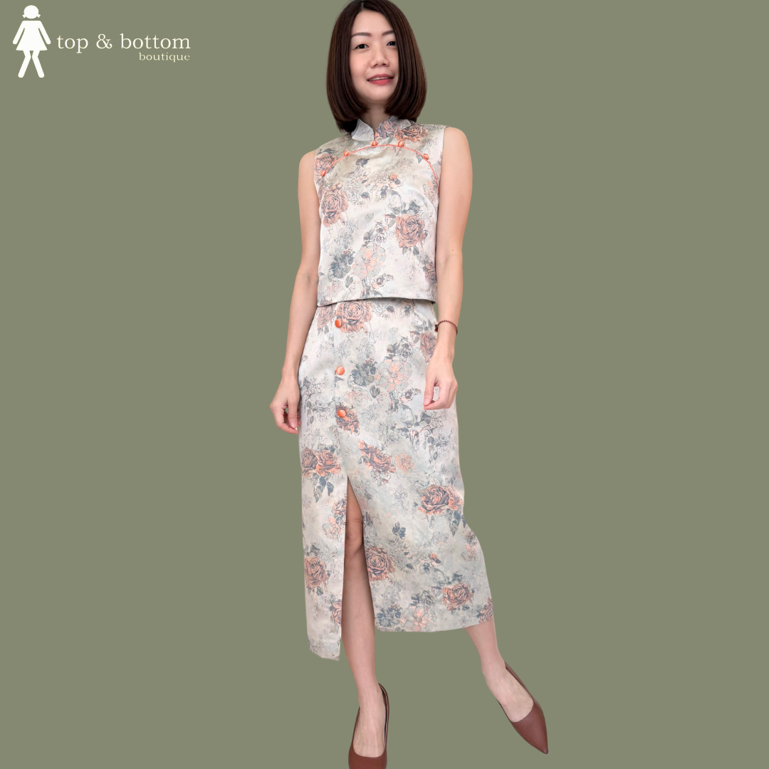 SLEEVELESS SATIN CHINESE FLORAL TOP