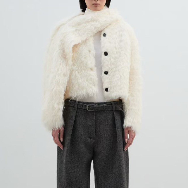 可愛QQ捲捲泰迪熊毛毛圓領排釦外套+圍巾SET / 3色