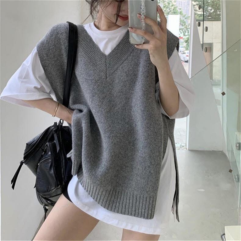 韓-252998 慵懶落肩V領背心