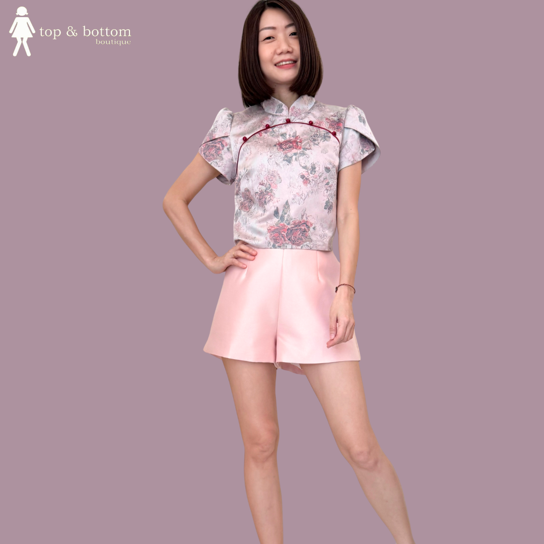 SHORT SLEEVE SATIN FLORAL CROP BLOUSE