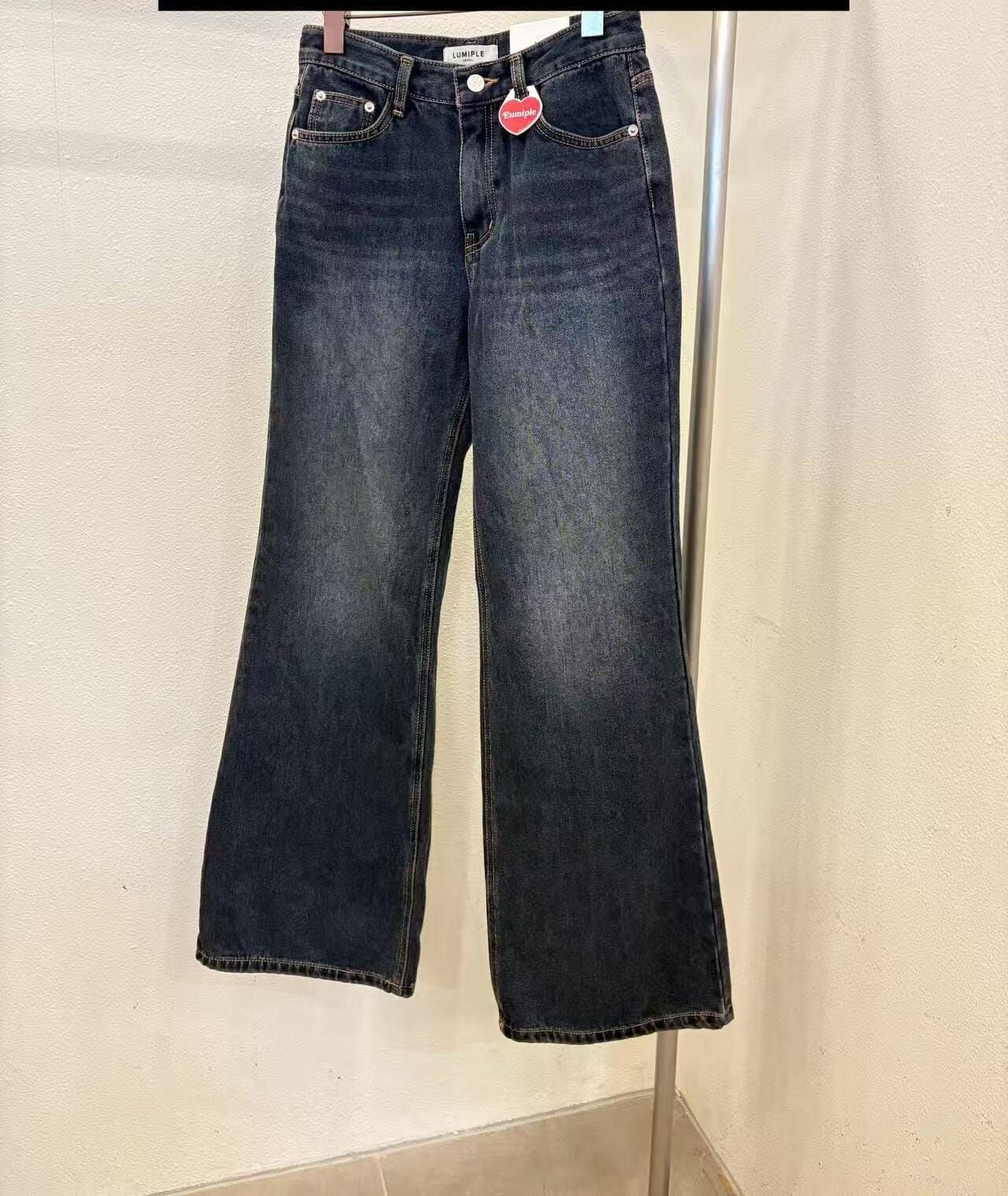 LP5330 黑藍水洗高腰寬管牛仔褲