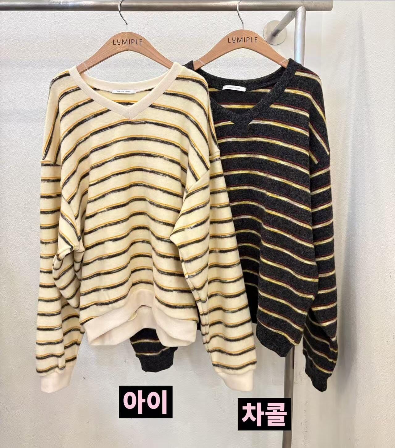 LP5339 寬鬆 V 領條紋針織衫