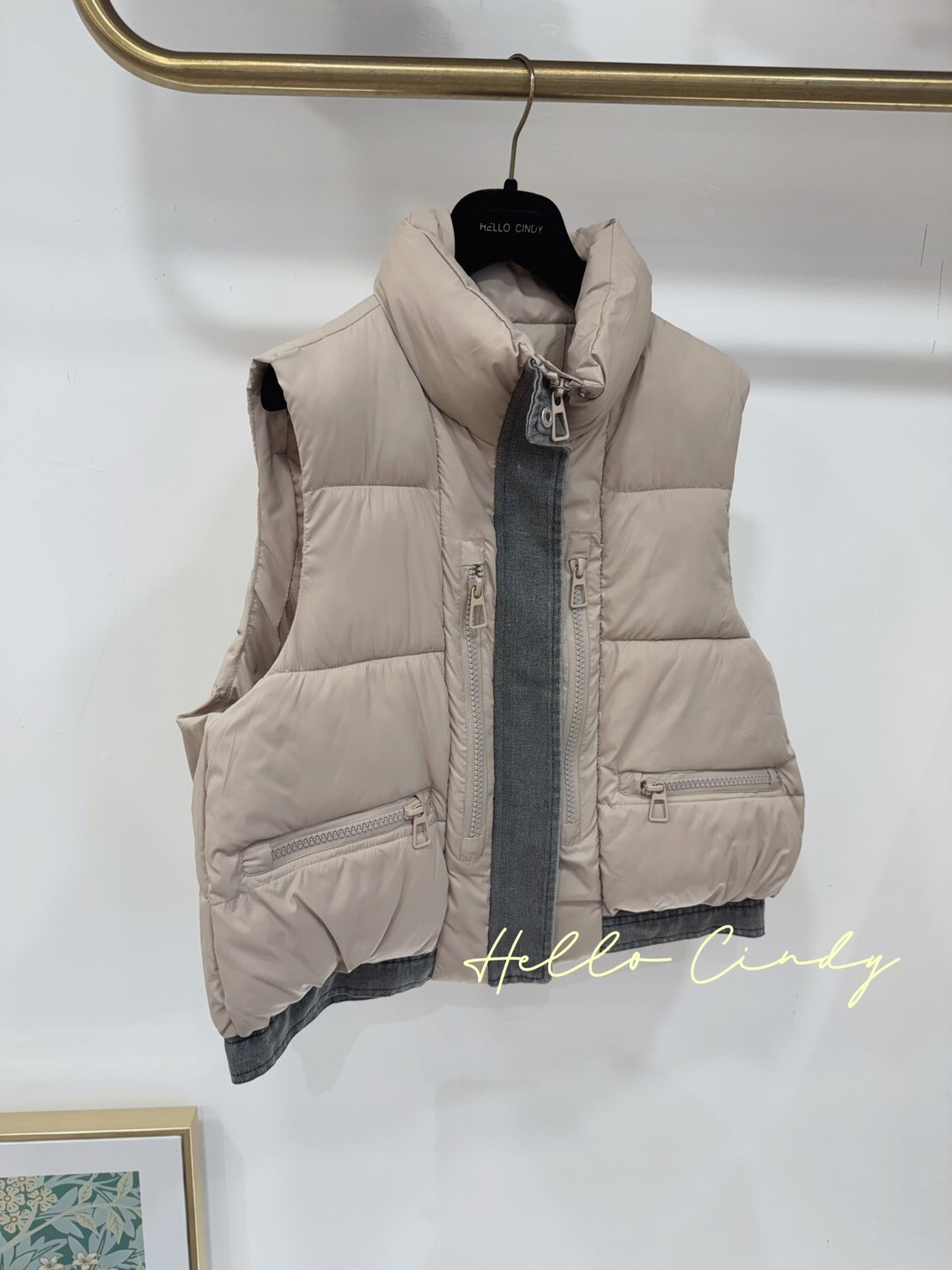 B12086 奶茶色牛仔邊鋪棉背心