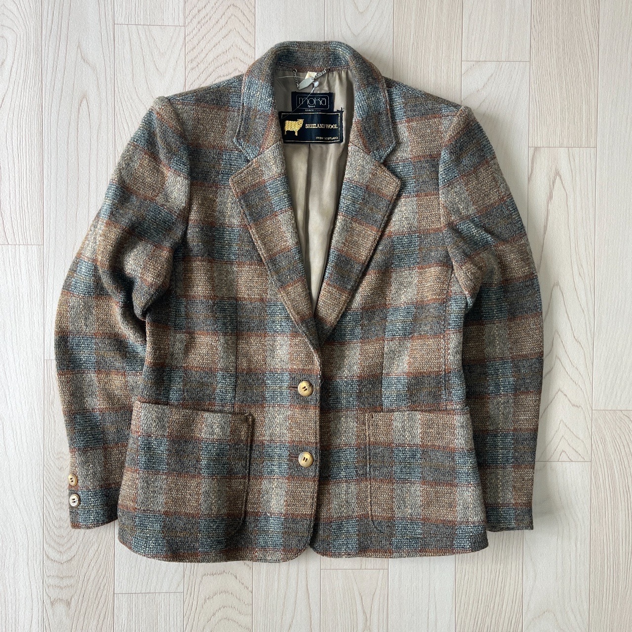 Moka啡色拼灰色格紋羊毛外套