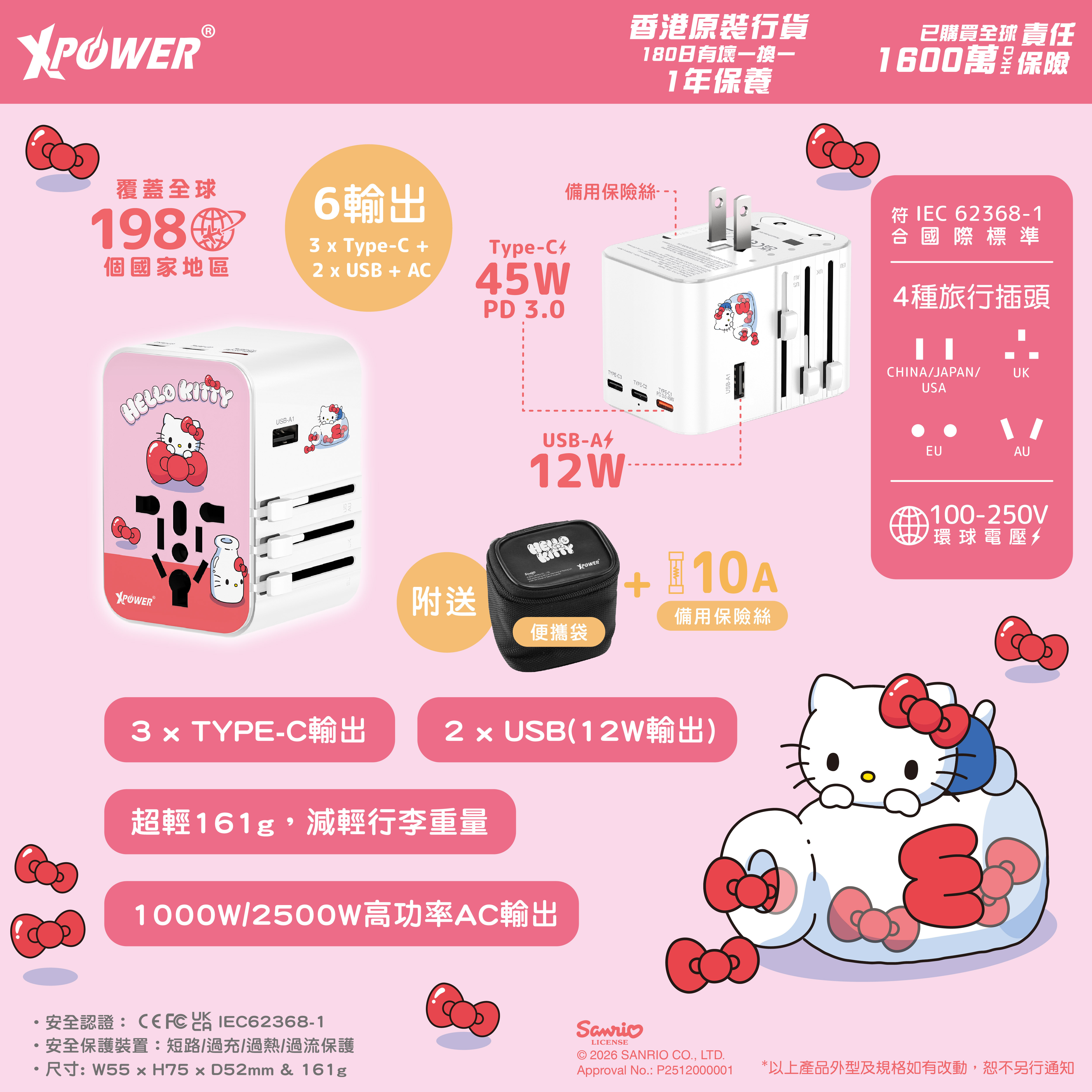XPower x Sanrio Hello Kitty TA45B 45W 6輸出 PD3.0/PPS快充旅行充電器