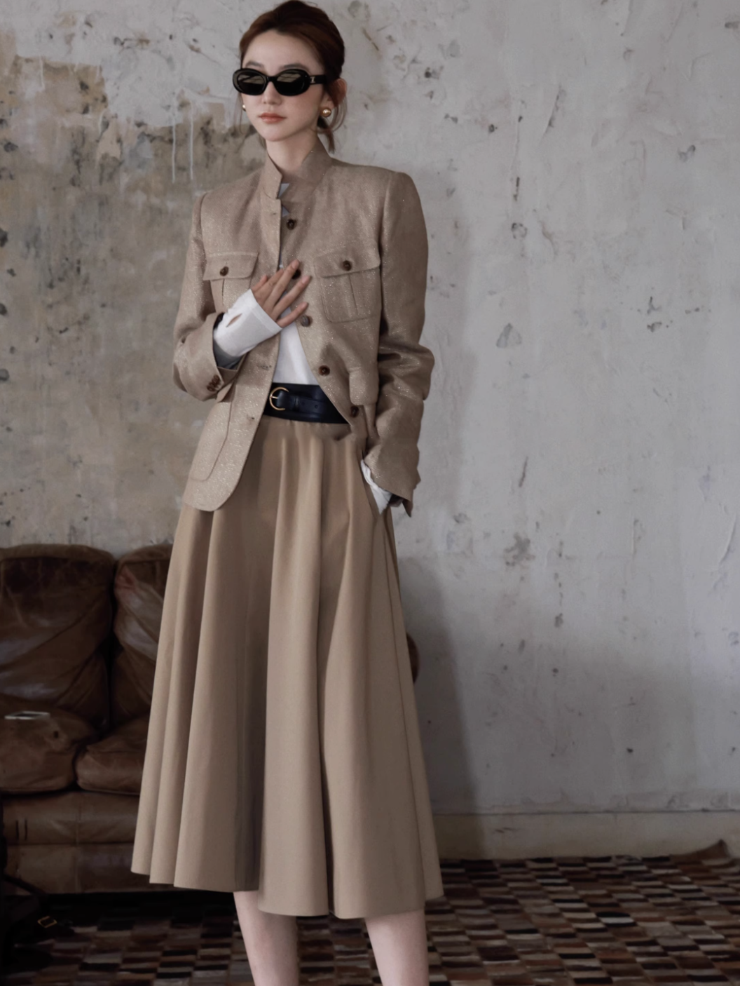 溫柔女子奶茶杏A字傘擺挺版長裙-S-XL (Elegant & Love)