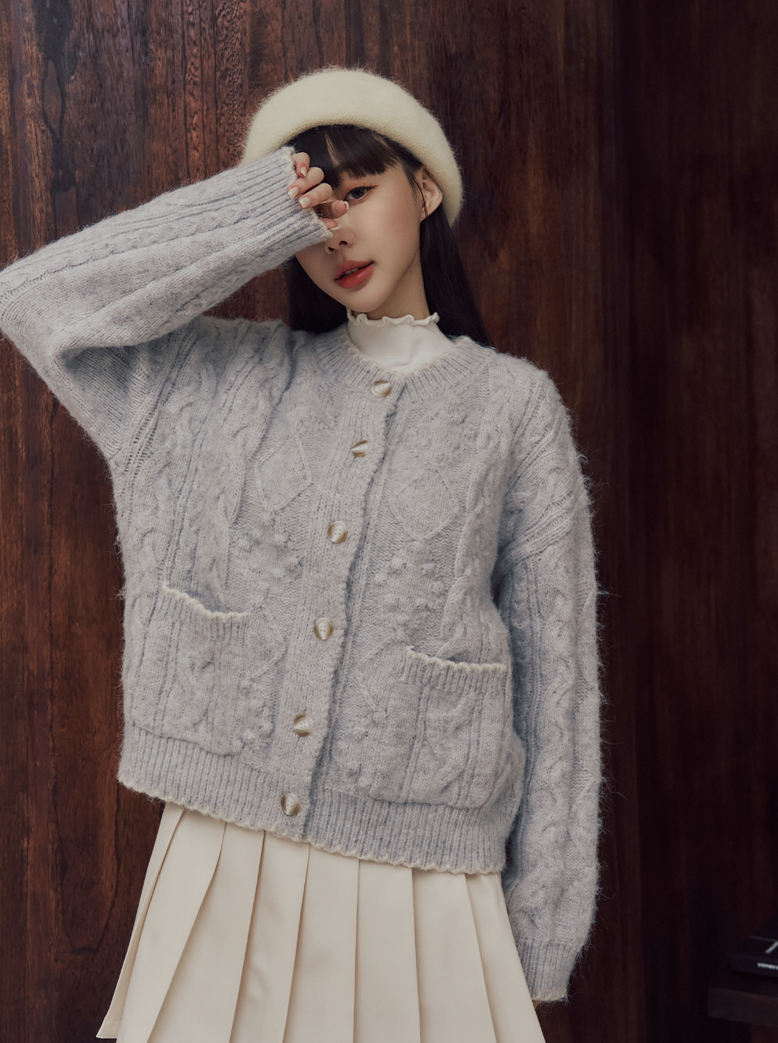 【第二件5折】麻花撞色花邊開衫