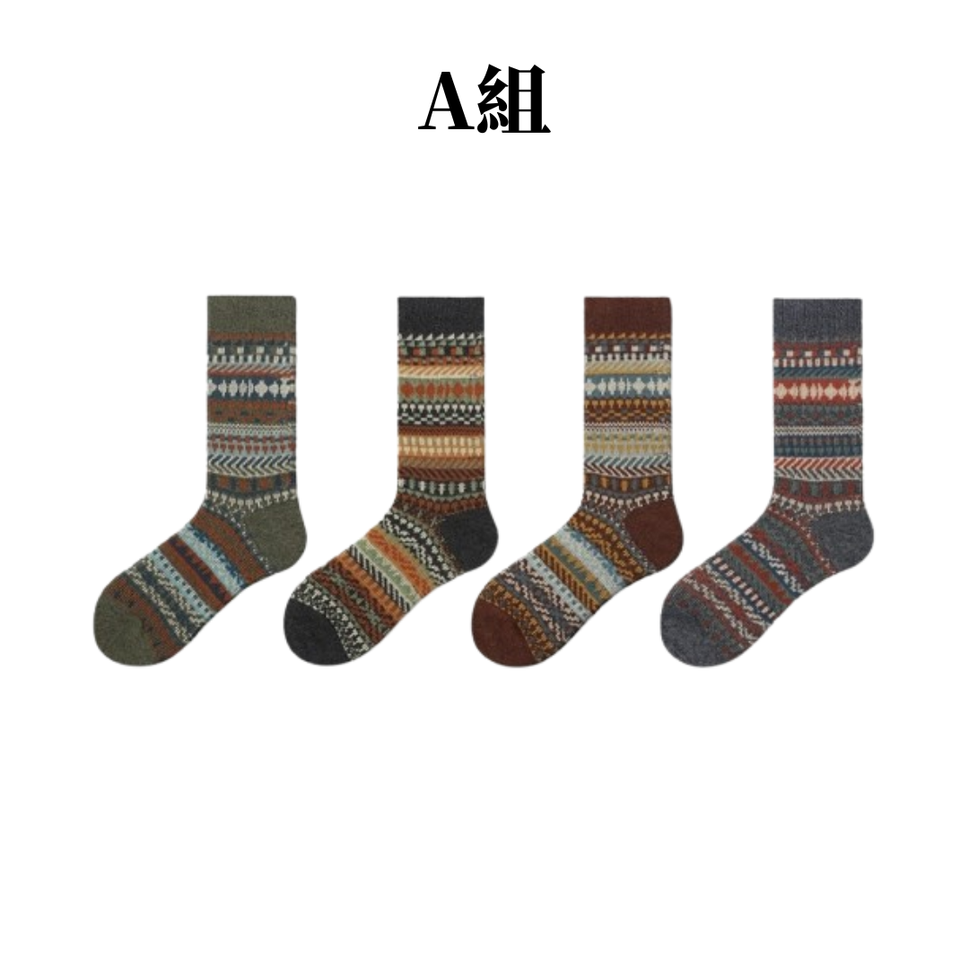 Primeet 派米復古民族風 雙針條紋 中筒襪 男女同款 4雙入