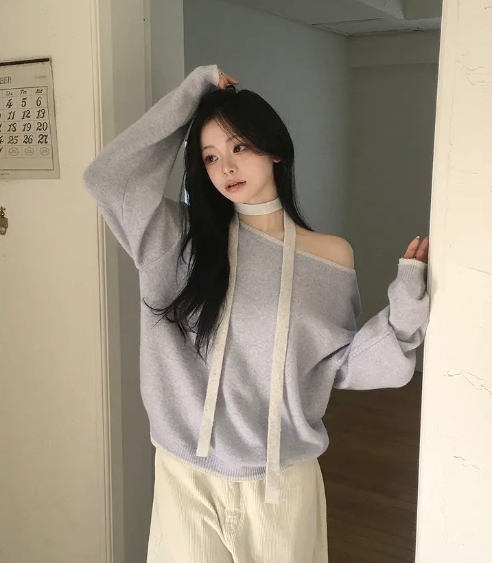 【24/12完額外95折優惠預訂】韓國拼色寬領連頸繩針織上衣（4色）