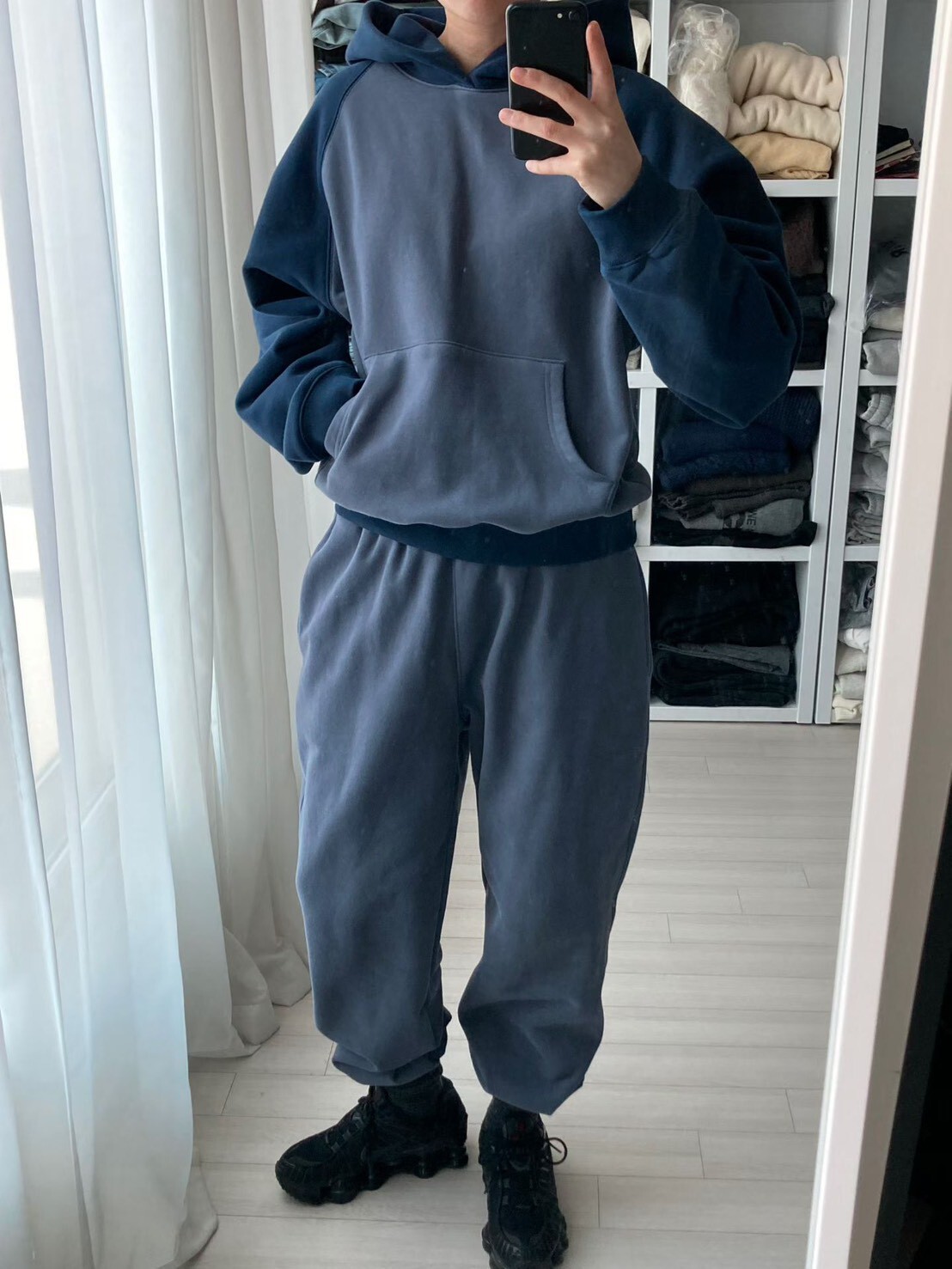 #AD47拼色帽T棉褲套裝(燕麥/深藍)