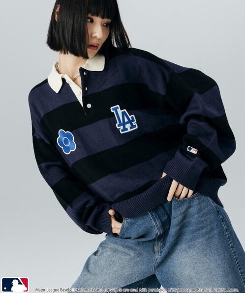 日本 MLB × MARY QUANT × PUBLUX 三方聯名 條紋 小花 立領 刺繡 針織 上衣 奶茶NY/深藍LA/棕色SD 3款