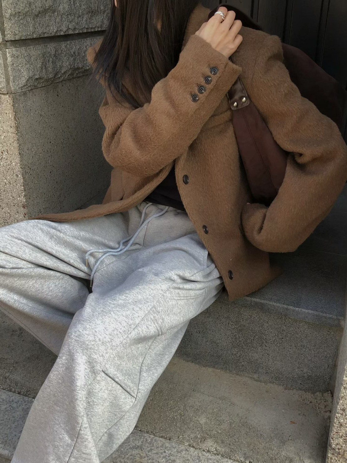 #AD50口袋設計內刷毛棉褲(灰/黑)