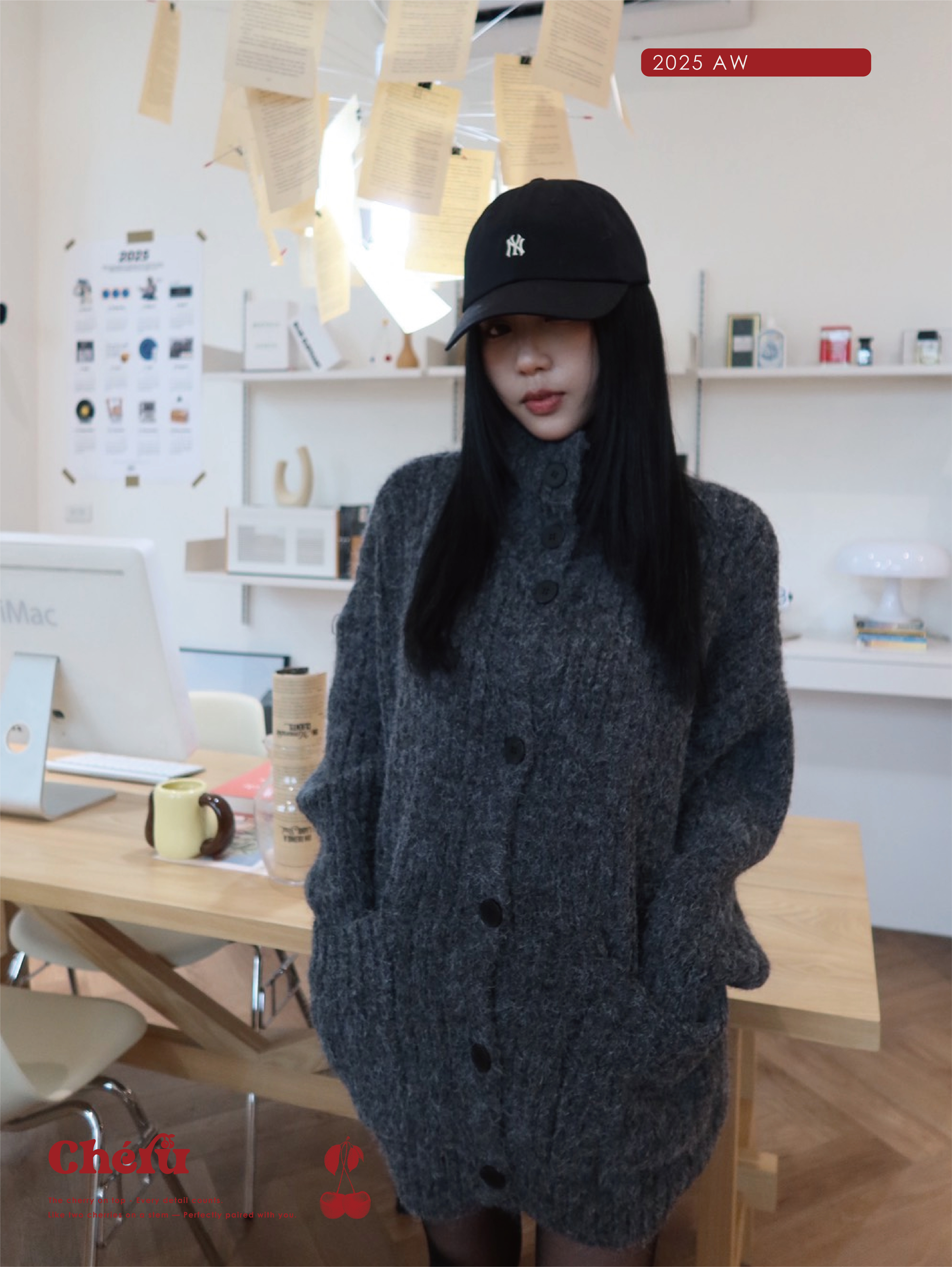 慵懶高領鈕扣針織開衫外套 灰