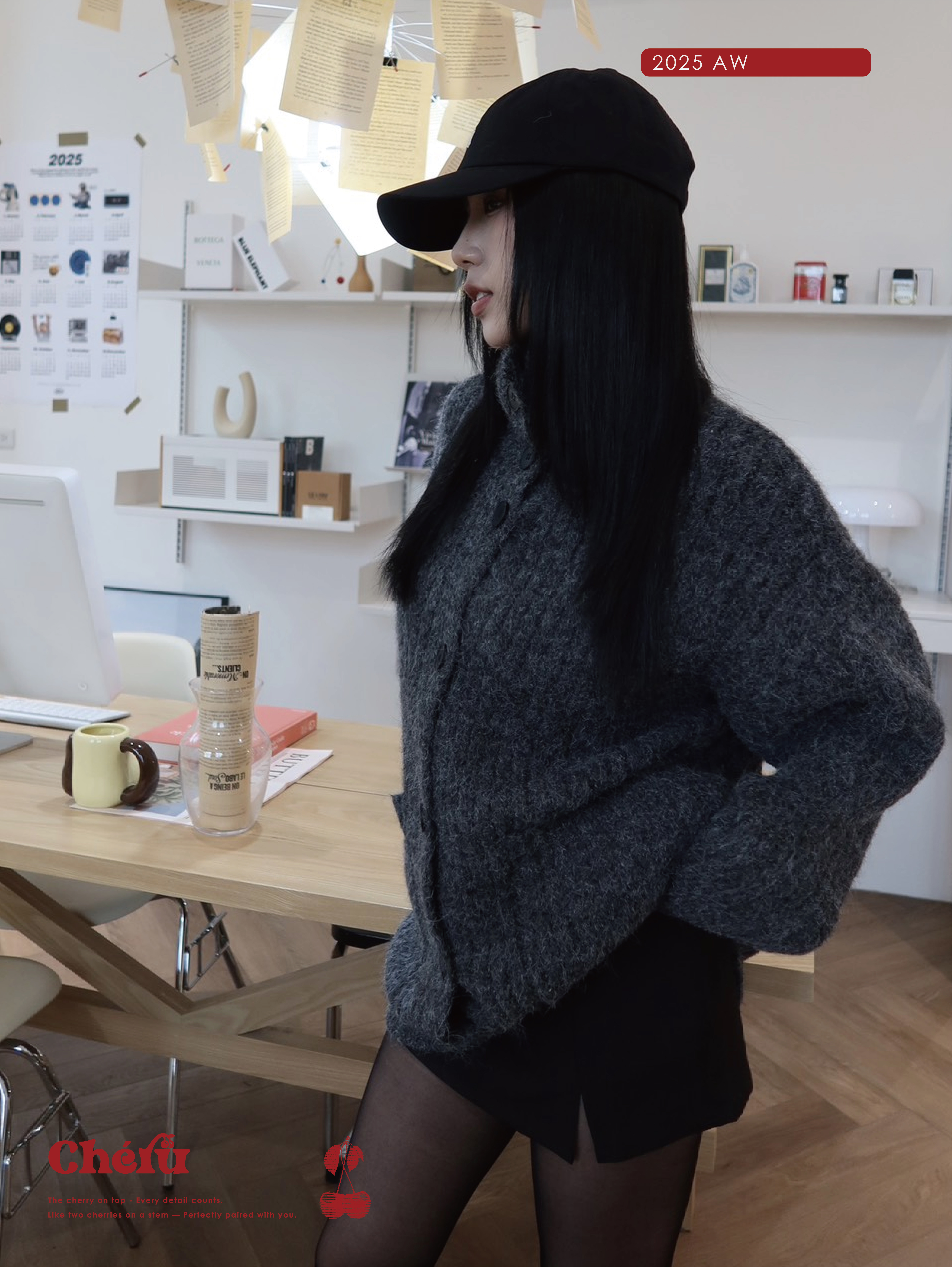 慵懶高領鈕扣針織開衫外套 灰