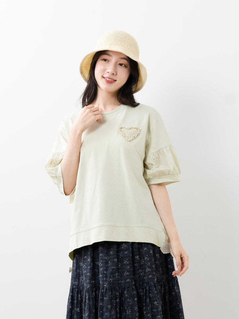 愛心珍珠蕾絲蓬蓬袖上衣