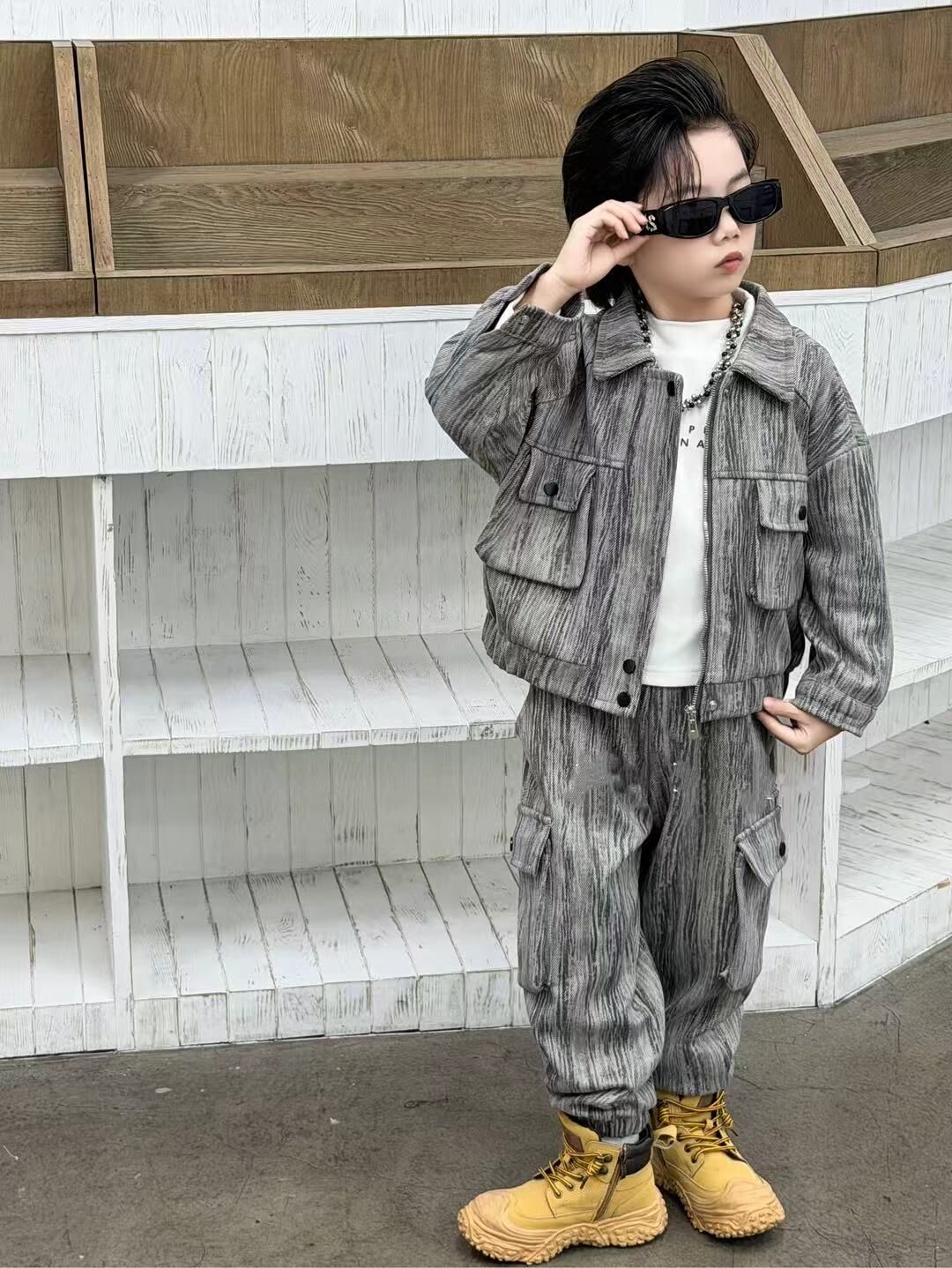 BYB12SE049GY 韓風oppa型格灰外套連褲套裝