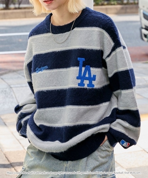 日本 MONO-MART X MLB 日本限定 條紋 隊徽 刺繡 毛衣 灰白NY/藍灰LA/棕色SD