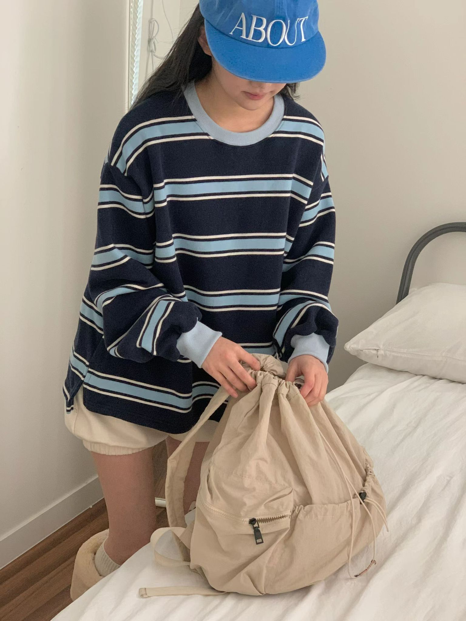 粗幼間圓領開叉上衣(深藍色)