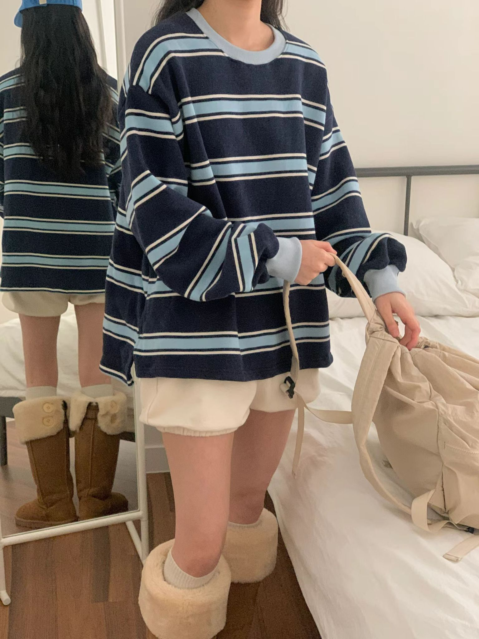 粗幼間圓領開叉上衣(深藍色)