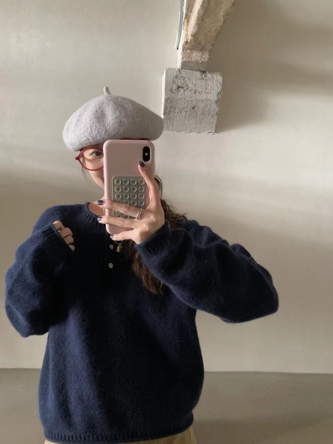 圓領排鈕針織上衣(深藍色)