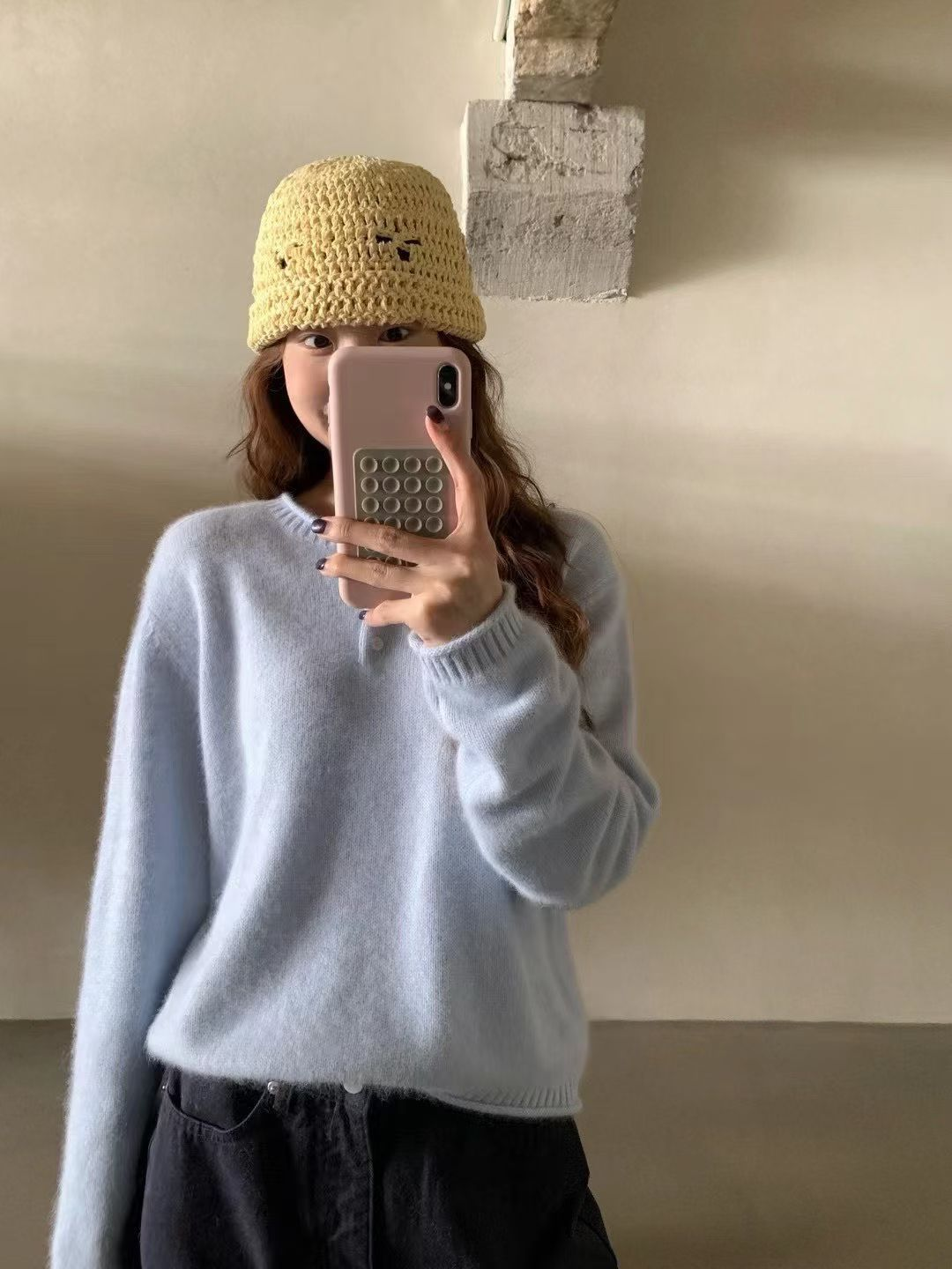 圓領排鈕針織上衣(藍色)