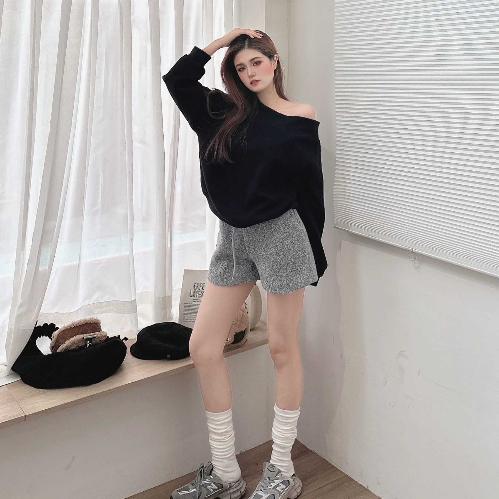 休閒羊絨棉一字領上衣/三色