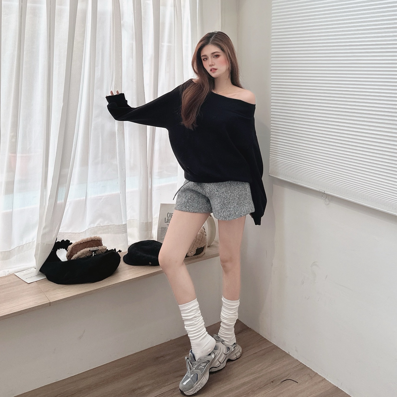 休閒羊絨棉一字領上衣/三色