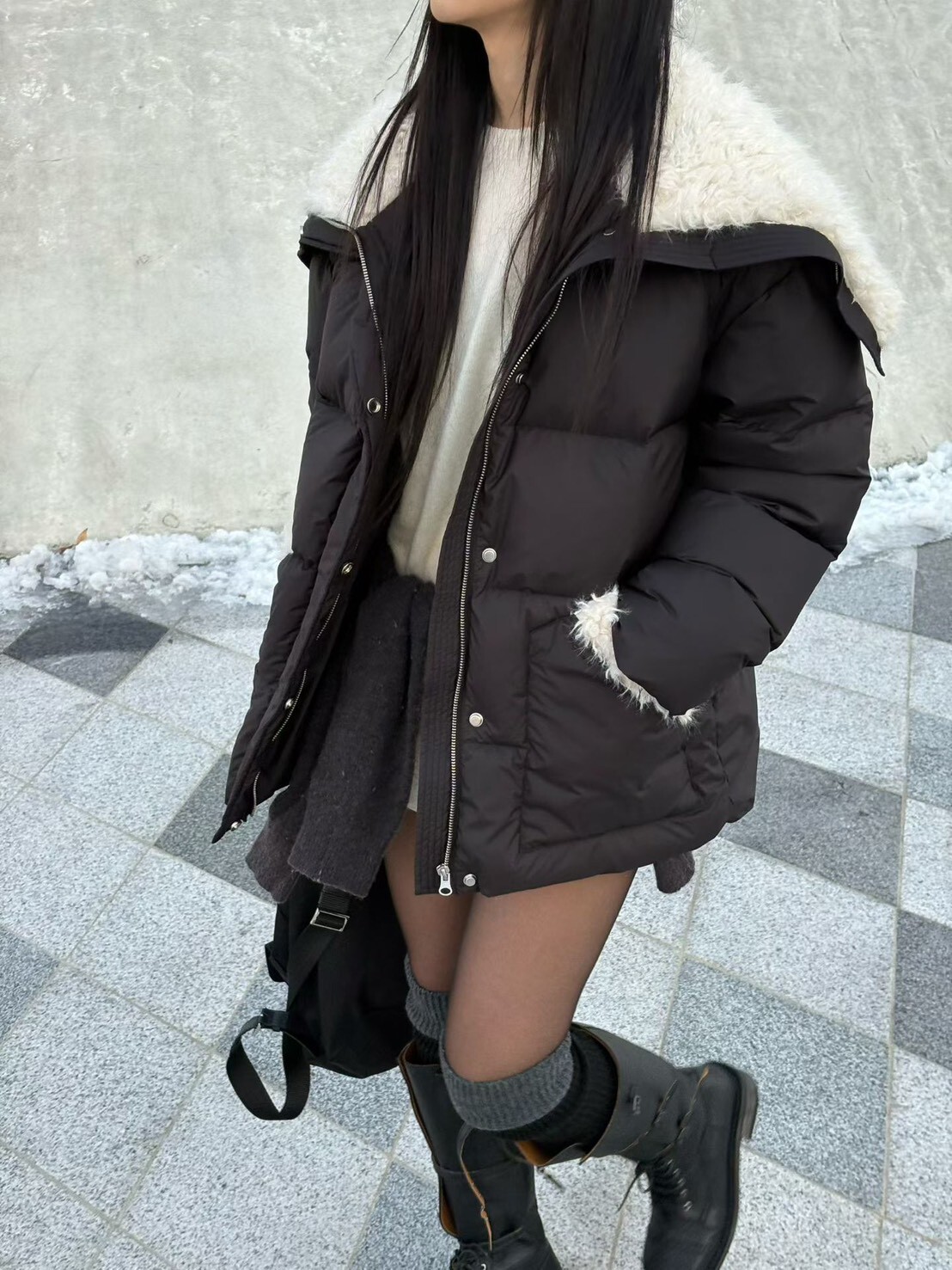 #AD62大翻領毛毛鴨絨外套(咖/黑)