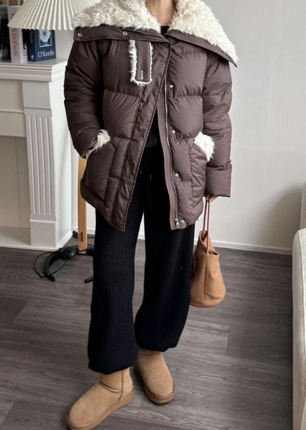 #AD62大翻領毛毛鴨絨外套(咖/黑)