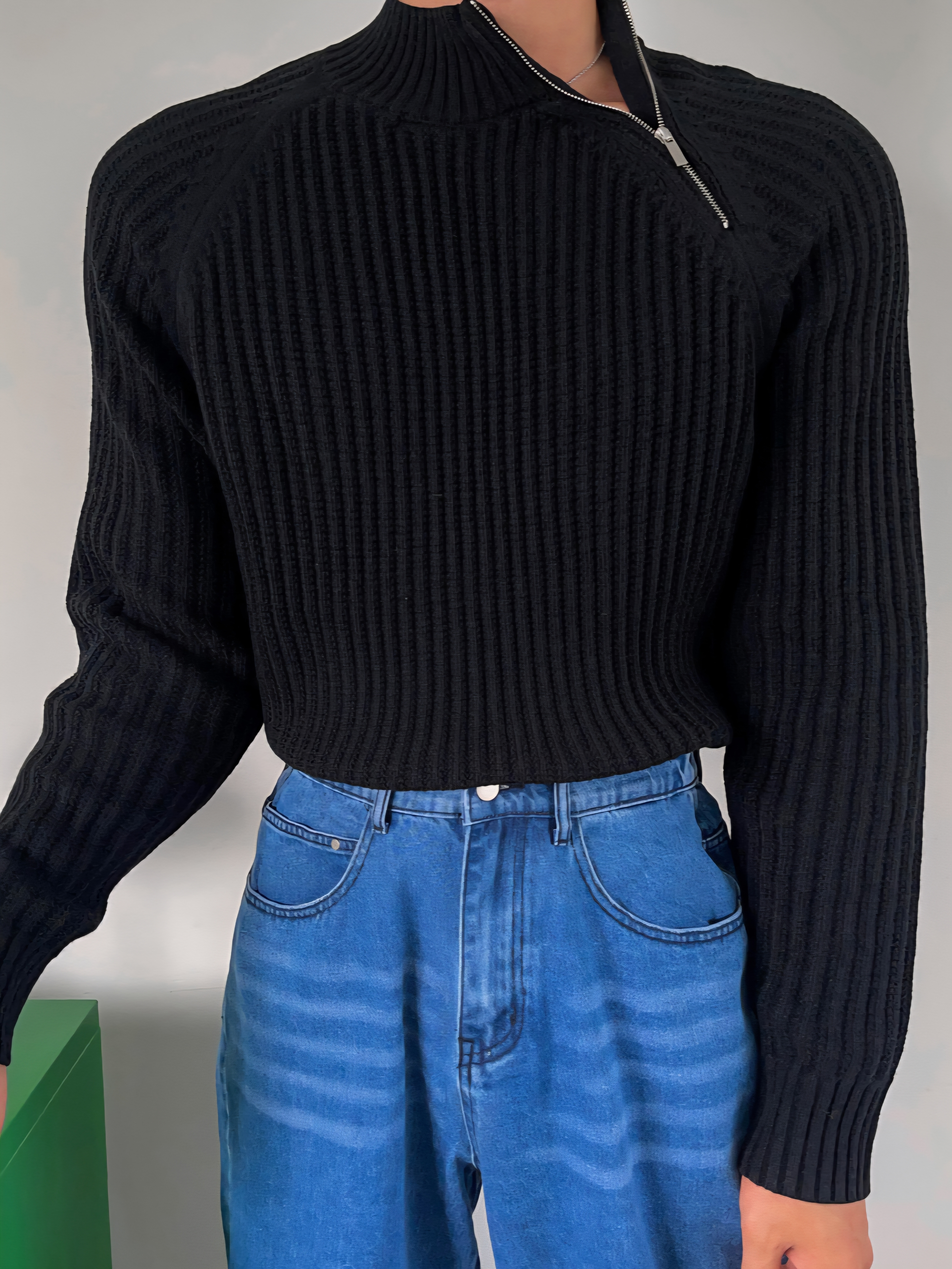 羊毛插肩斜紋半拉鍊針織衫