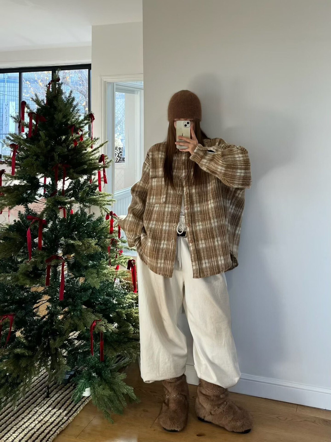 #AD66挺版毛呢格紋襯外(黑/杏)