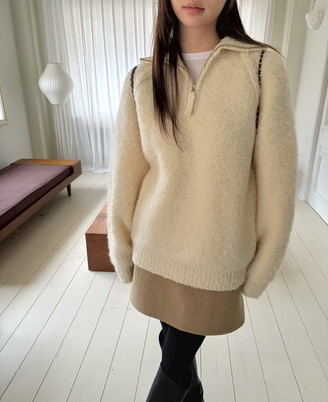 #AD67半拉鍊顆粒感毛衣(白/粉/墨)