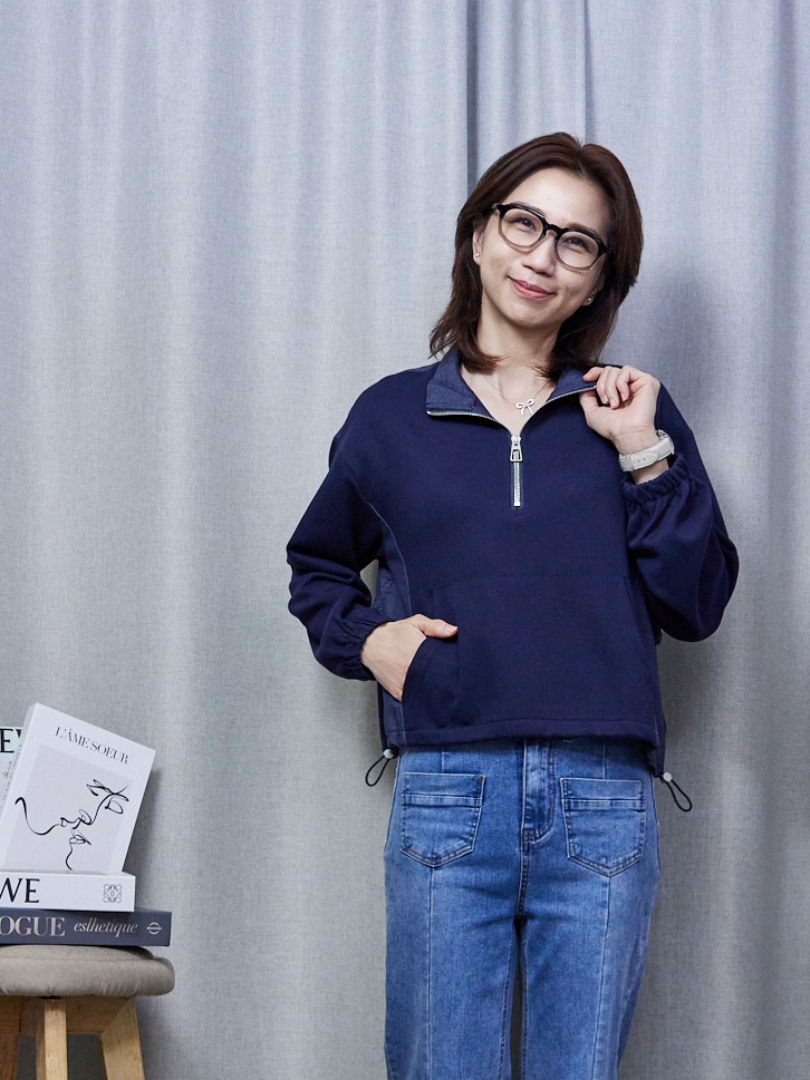 俐落半開襟・抽繩修身拼接上衣