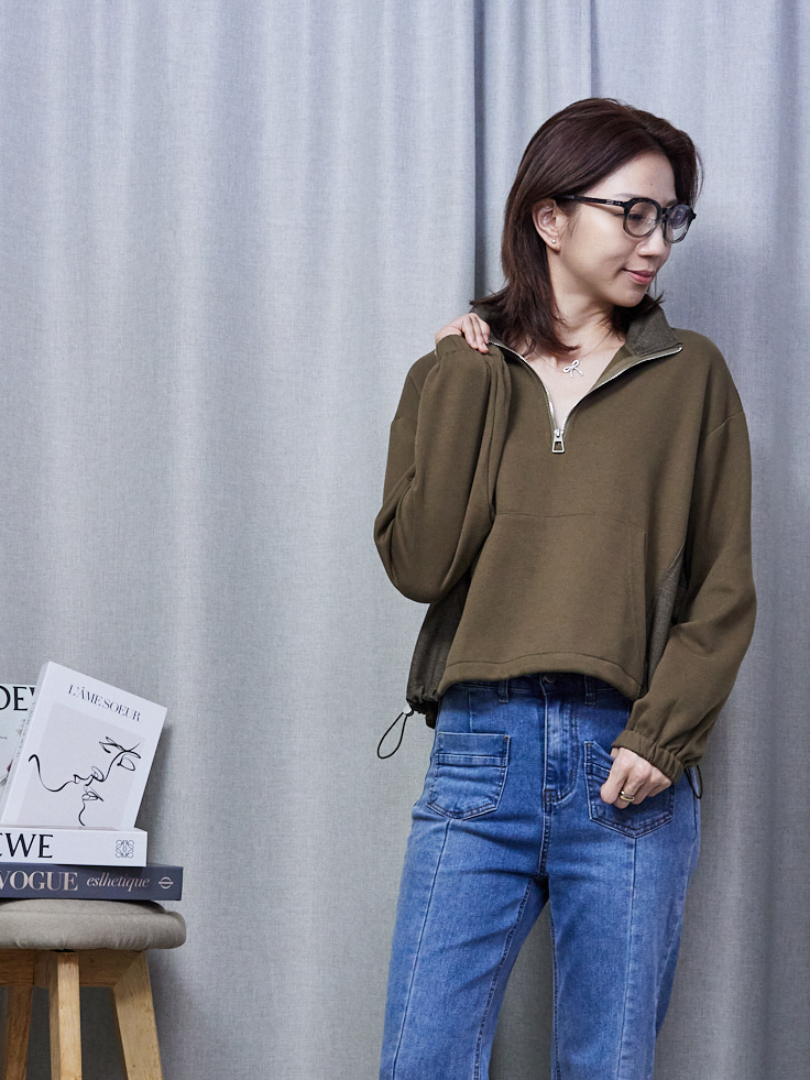 俐落半開襟・抽繩修身拼接上衣