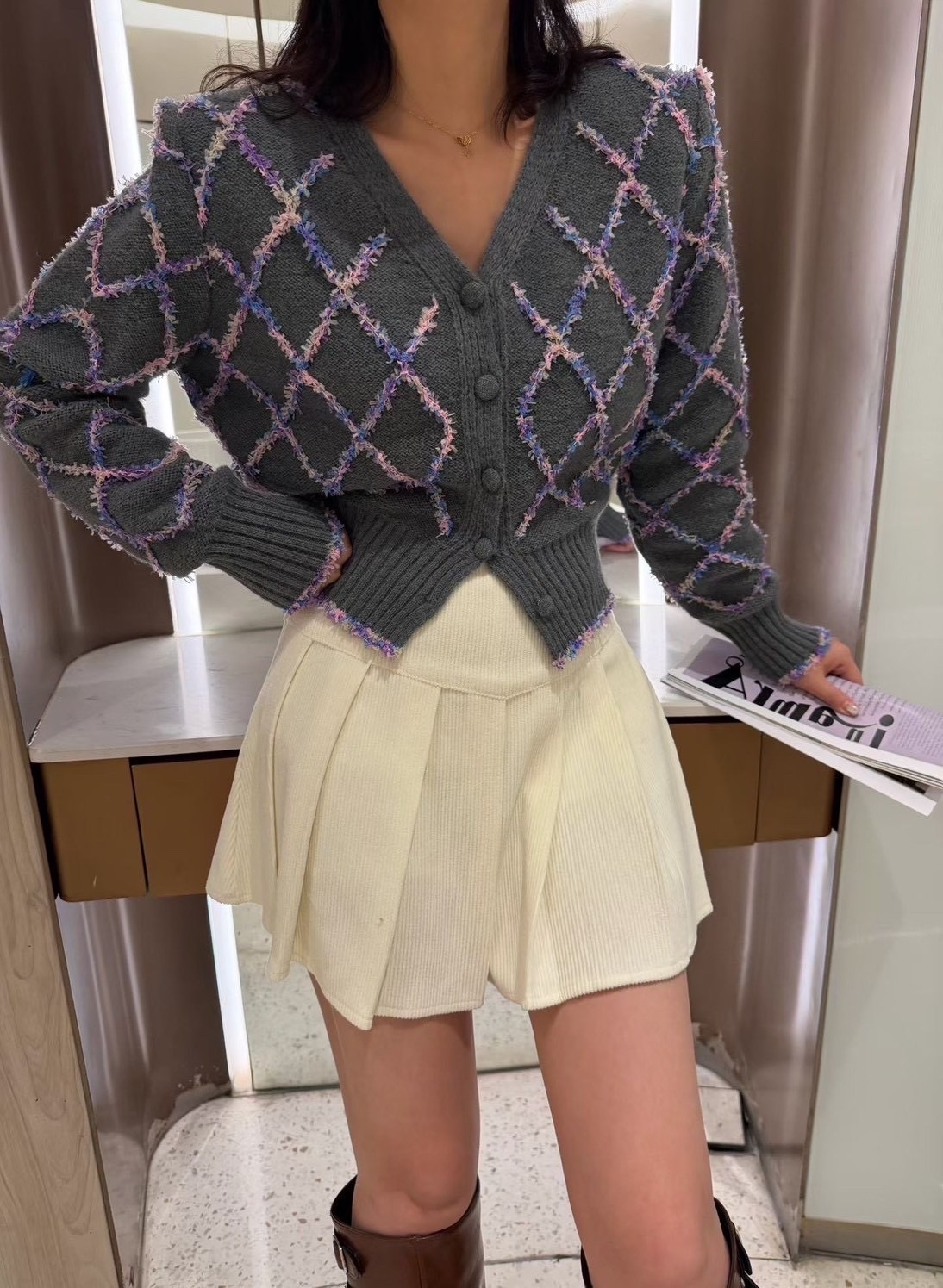 128編織格菱紋針織開衫