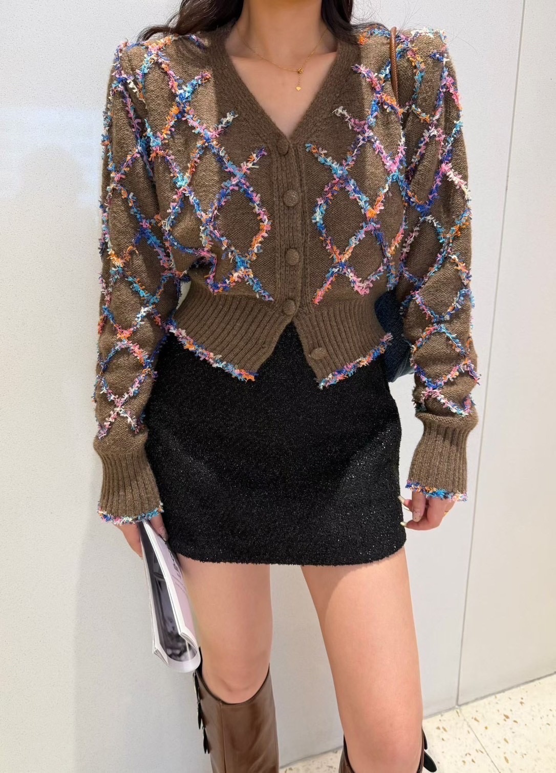 128編織格菱紋針織開衫