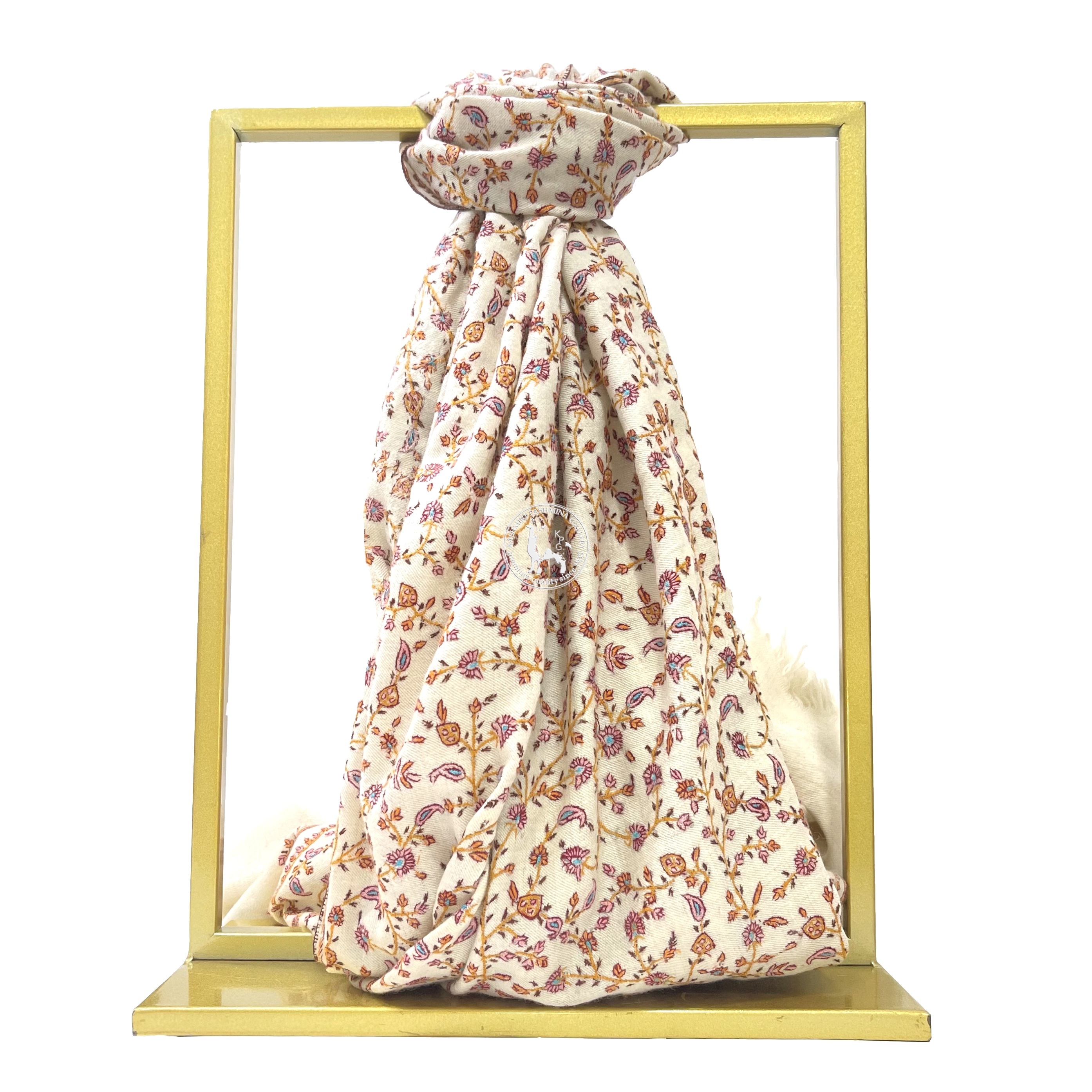 天然米白色刺繡喀什米爾羊絨圍巾披肩