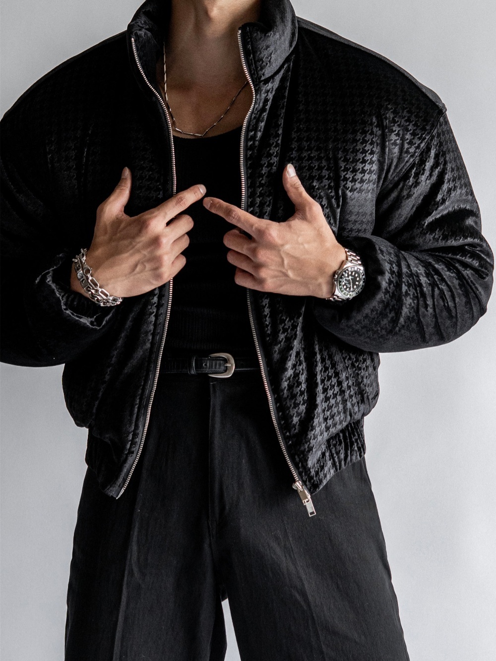 獵犬格紋絲絨肌肉羽絨夾克